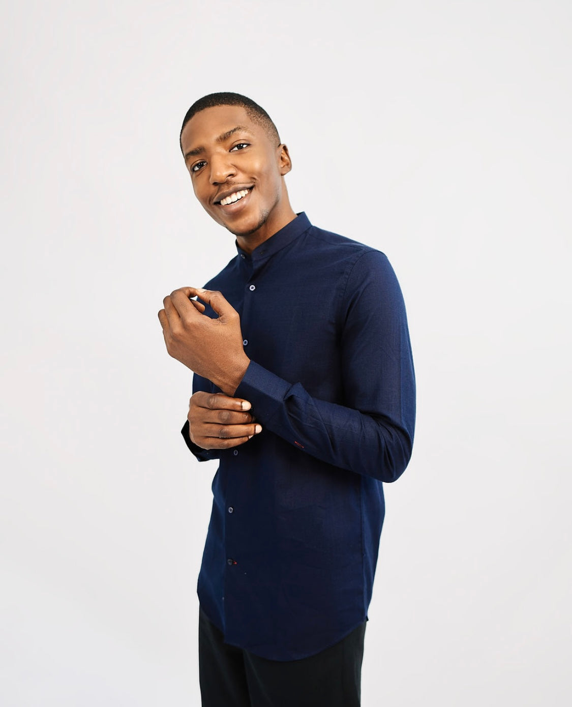 Navy Blue Linen Bishop Collar Shirt