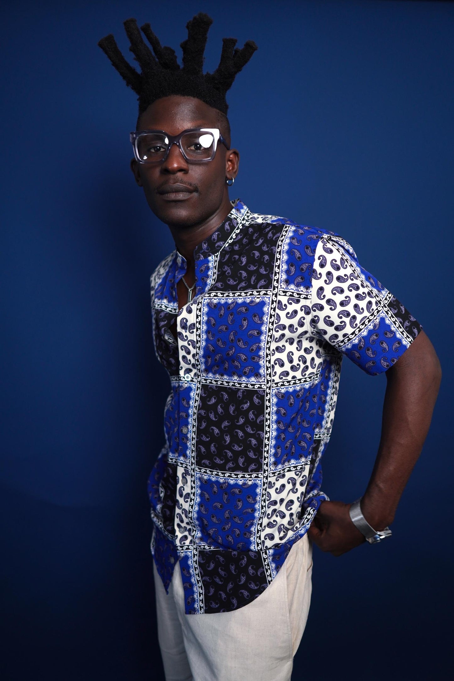 Blue Paisley Bishop Collar Short Sleeve