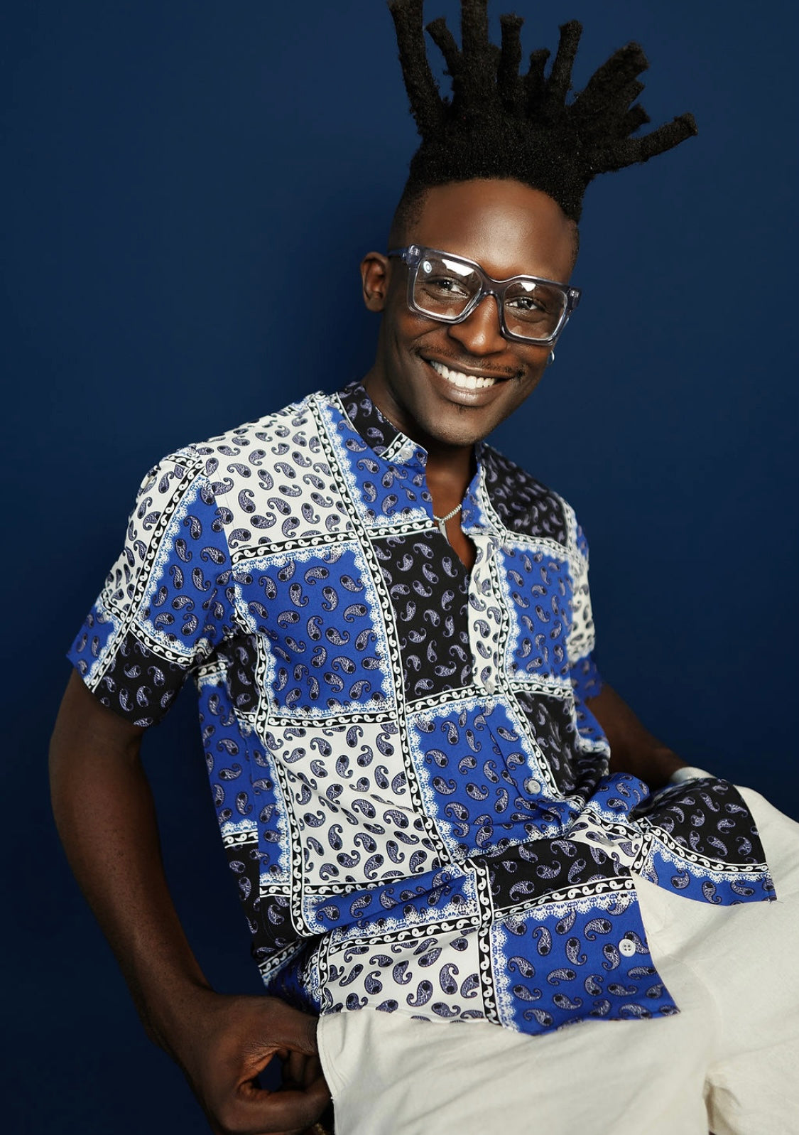 Blue Paisley Bishop Collar Short Sleeve