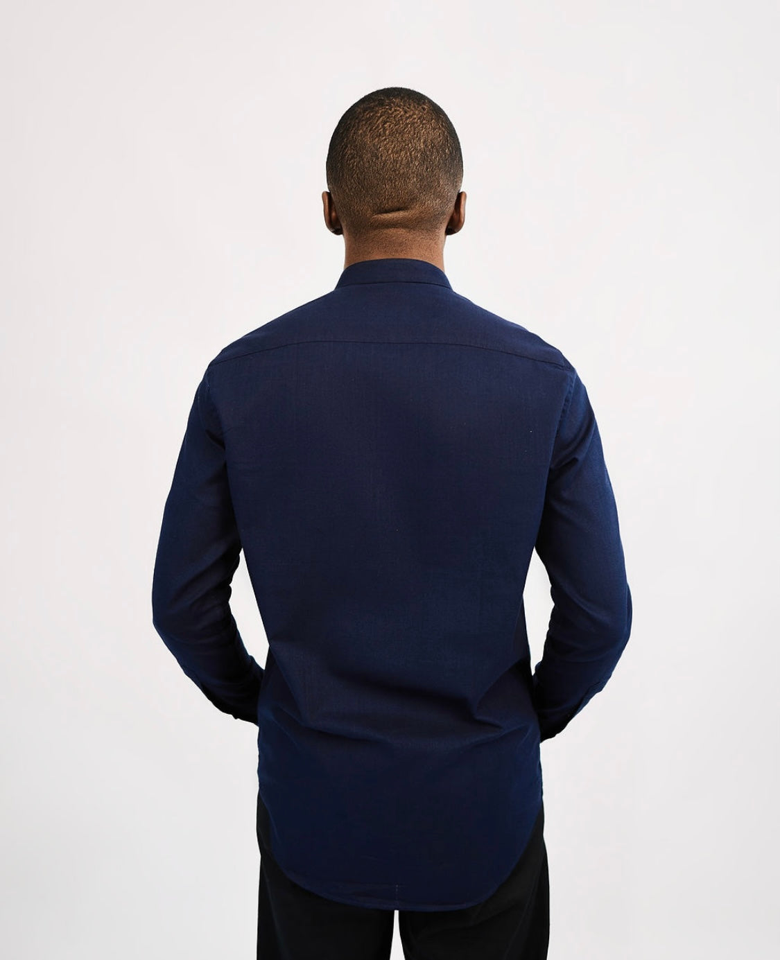 Navy Blue Linen Bishop Collar Shirt