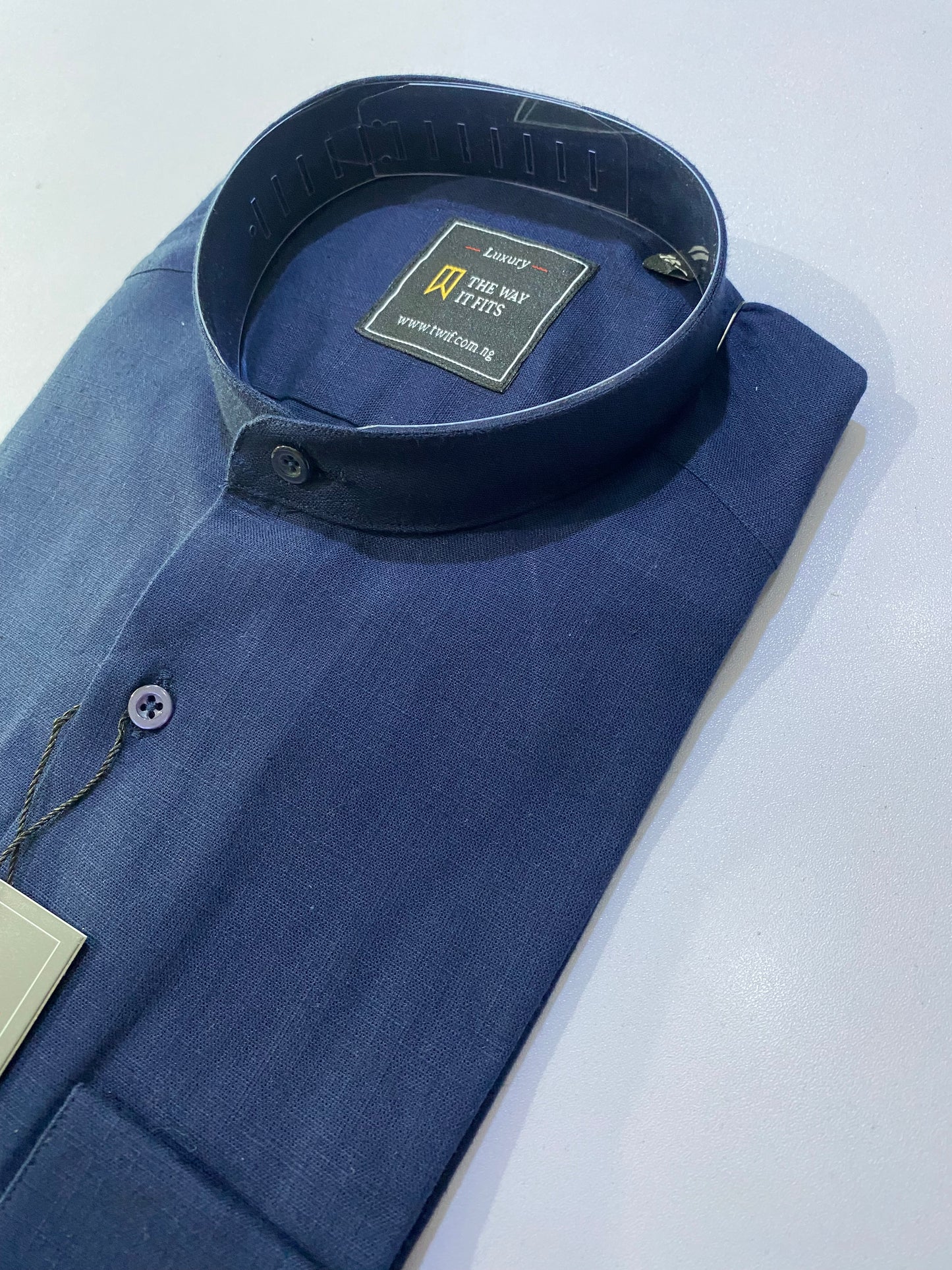 Navy Blue Linen Bishop Collar Shirt