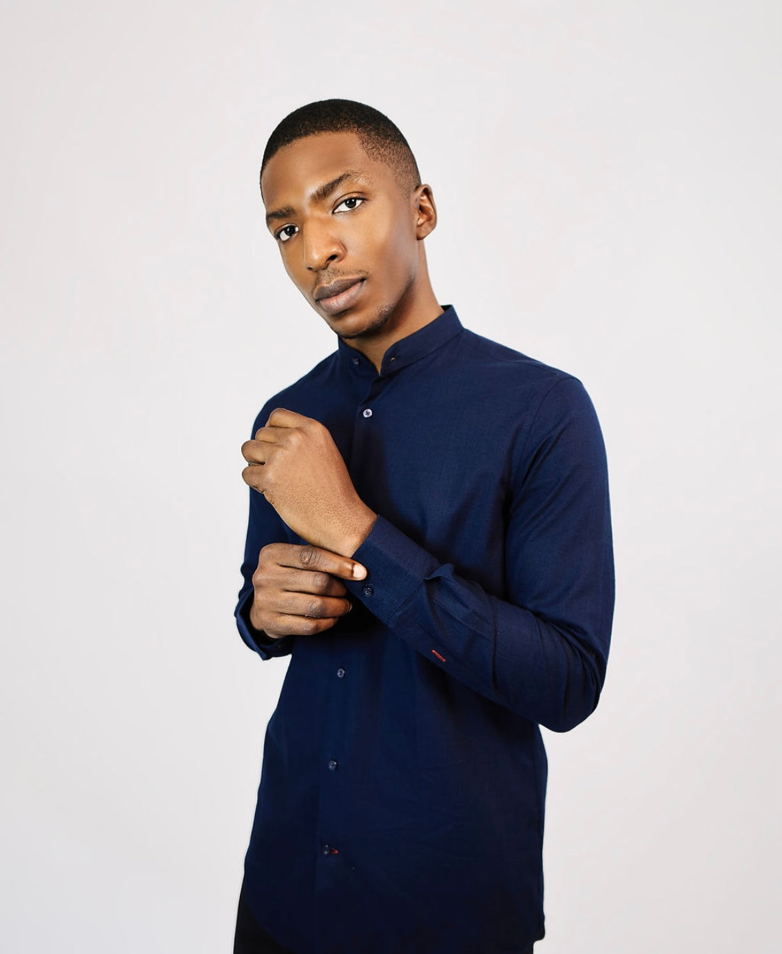 Navy Blue Linen Bishop Collar Shirt