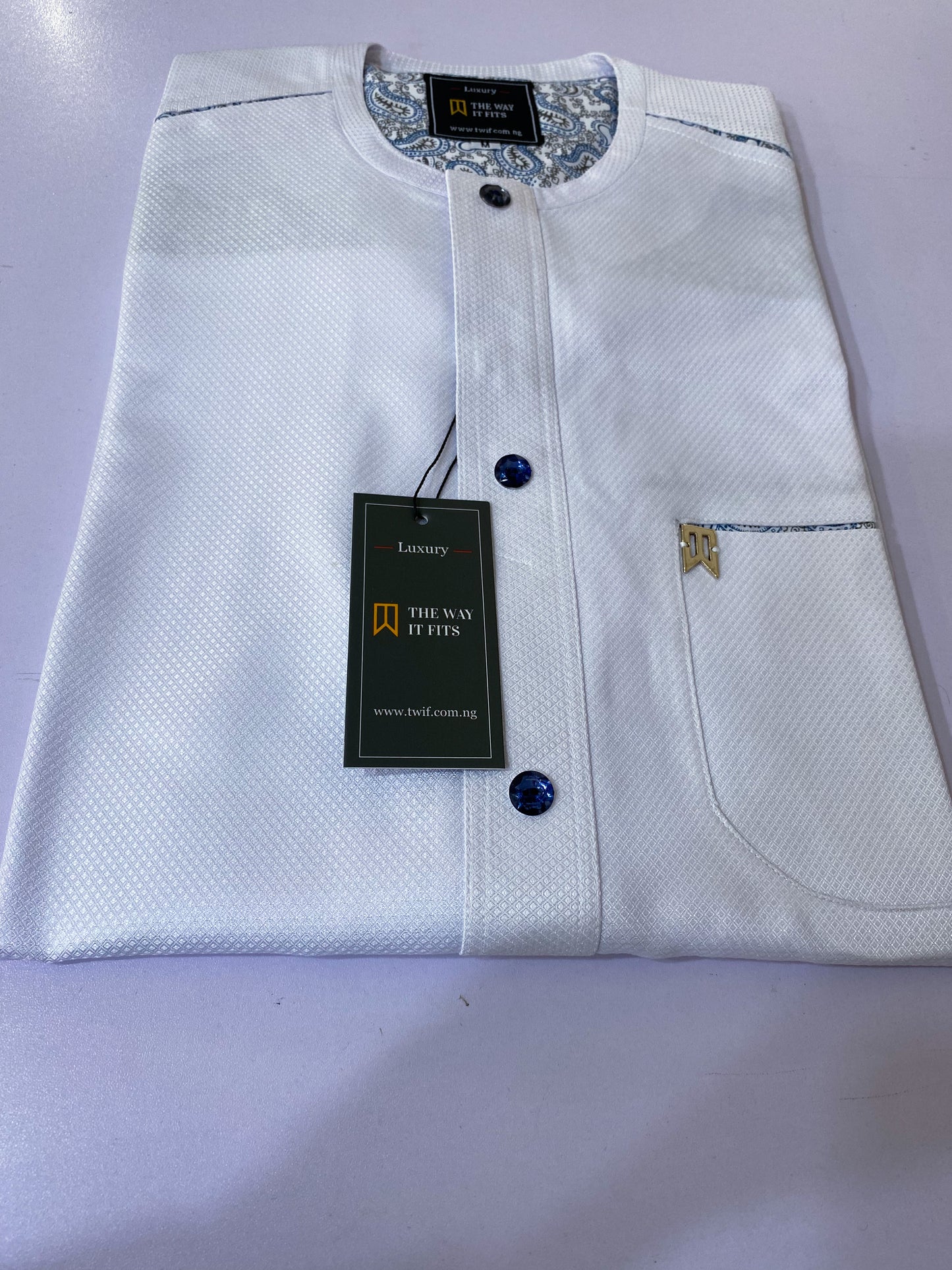 White Long Sleeve Kaftan with Swarovski Button