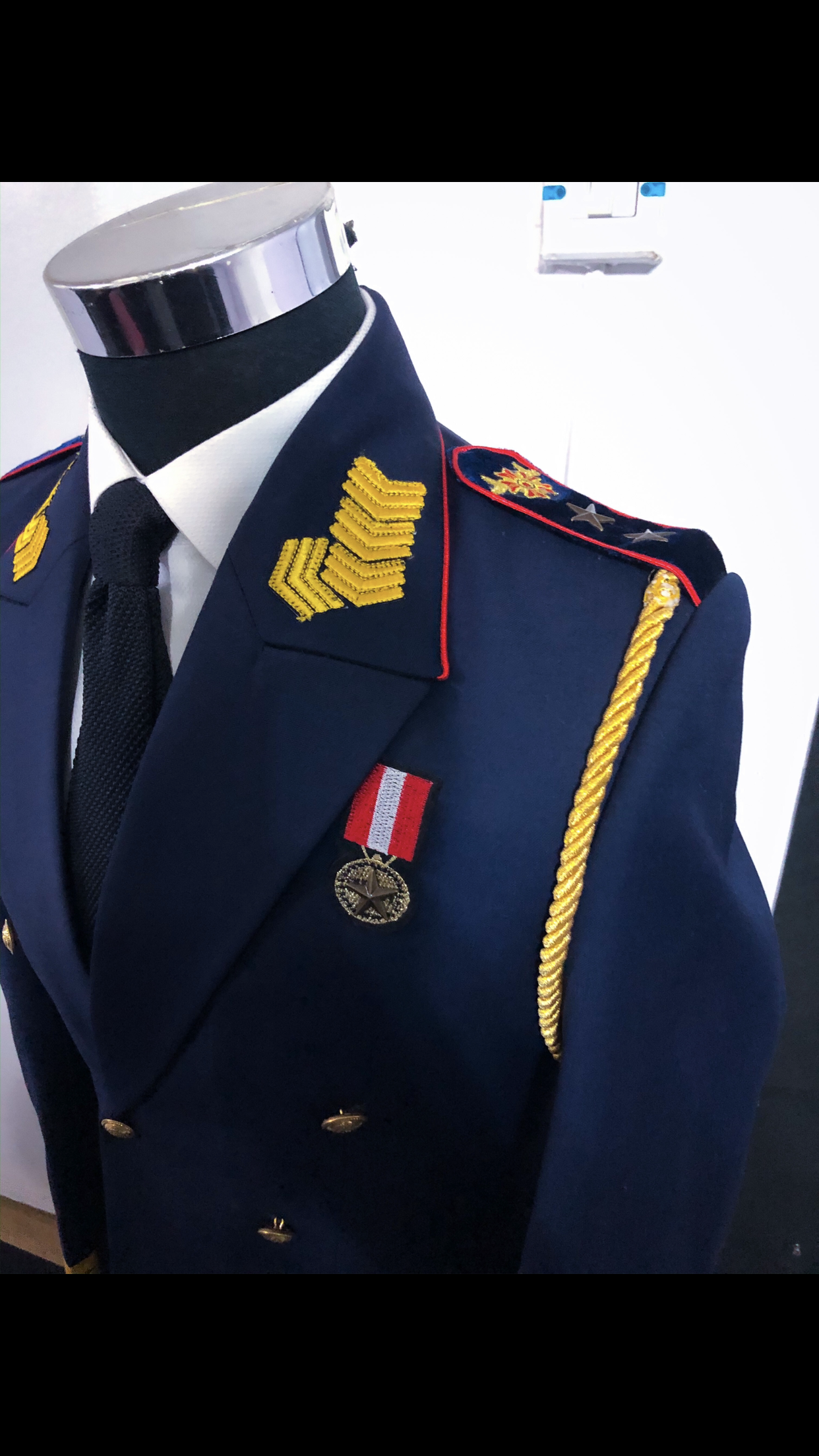 Navy Blue Double Breasted Military Suit with Pant Fabric: Cashmere Wool