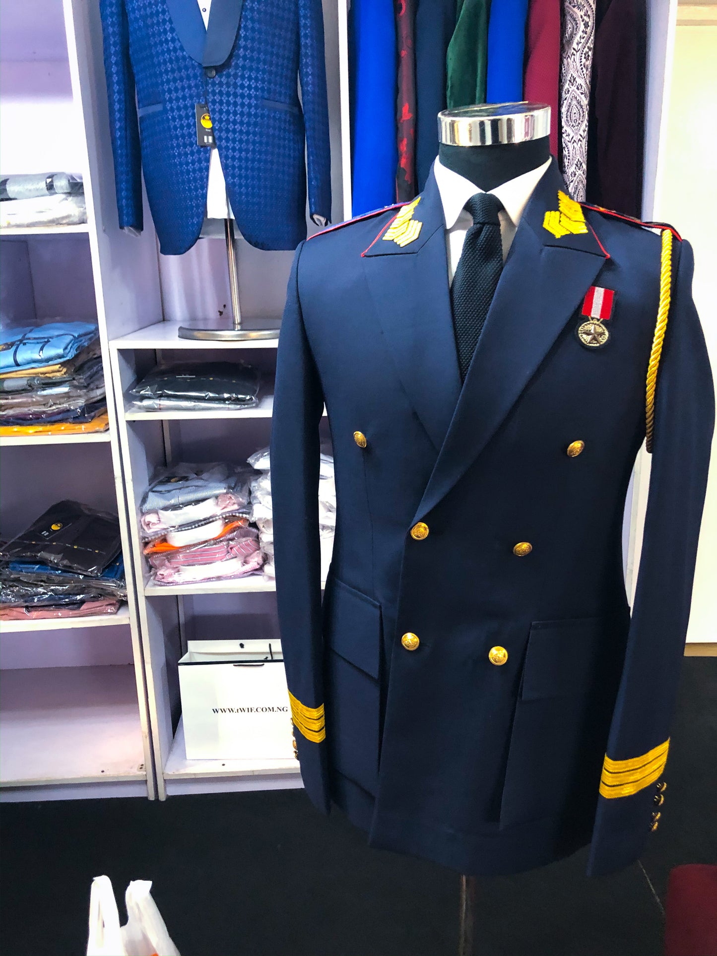 Navy Blue Double Breasted Military Suit with Pant Fabric: Cashmere Wool