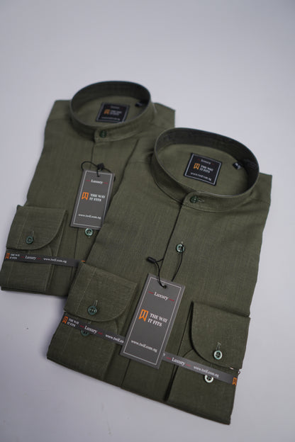 Army Green Linen Bishop Collar shirt