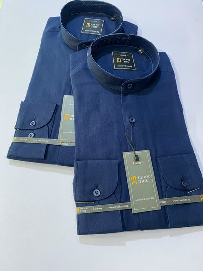 Navy Blue Linen Bishop Collar Shirt