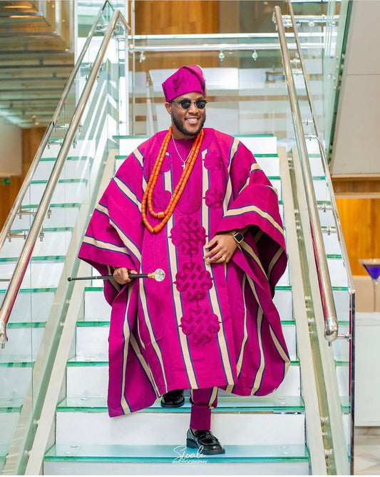 Magenta stripped Aso-oke Agbada