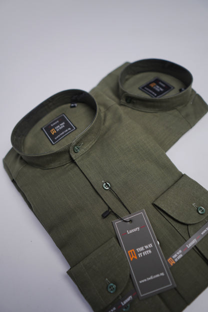 Army Green Linen Bishop Collar shirt