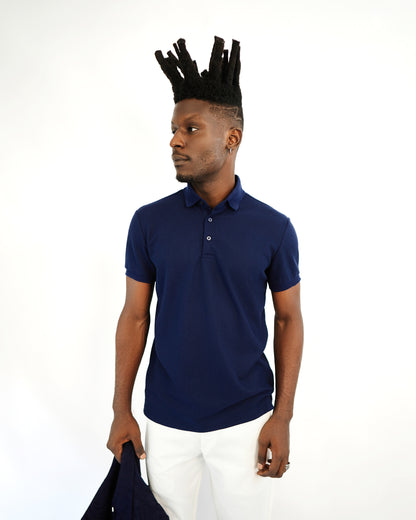 Navy Blue Knitted Button Polo