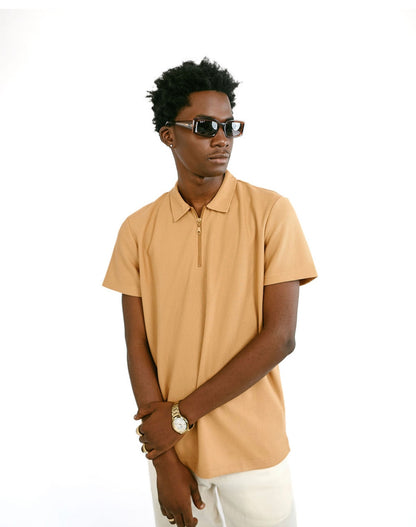 Brown Knitted Zipper Polo