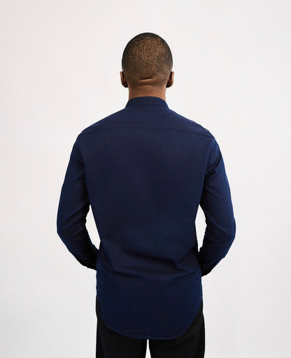 Navy Blue Linen Bishop Collar Shirt