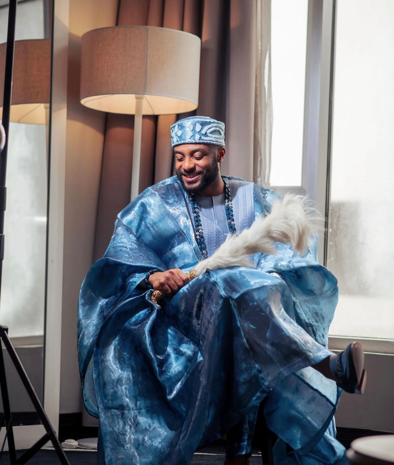 Blue liquid organza complete agbada and cap