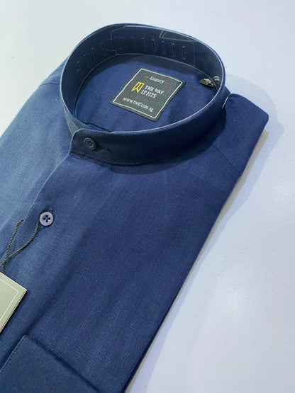 Navy Blue Linen Bishop Collar Shirt