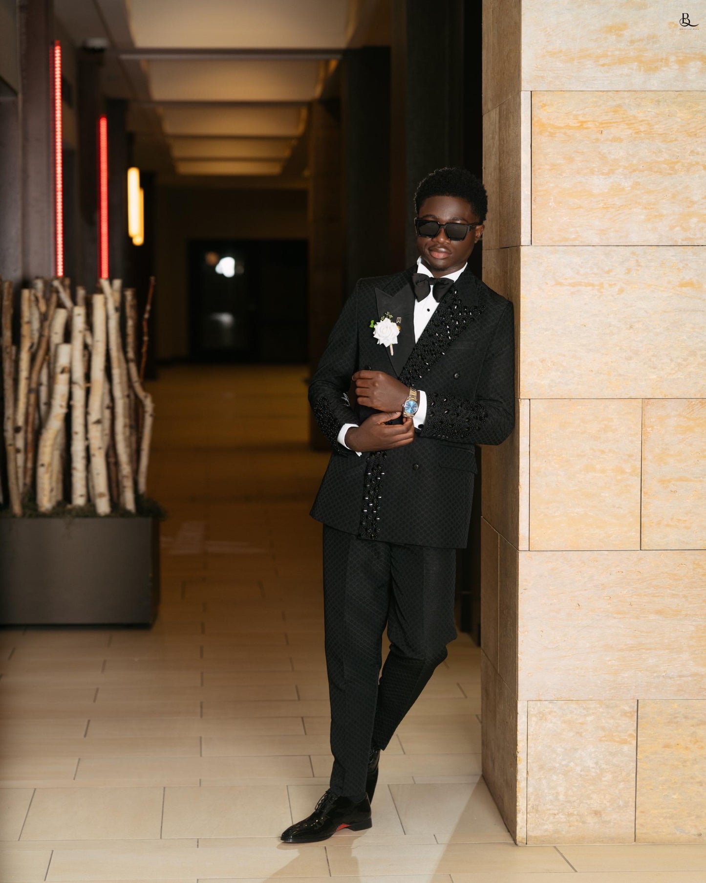 Black Jaquard tuxedo laced with crystal pearl beads