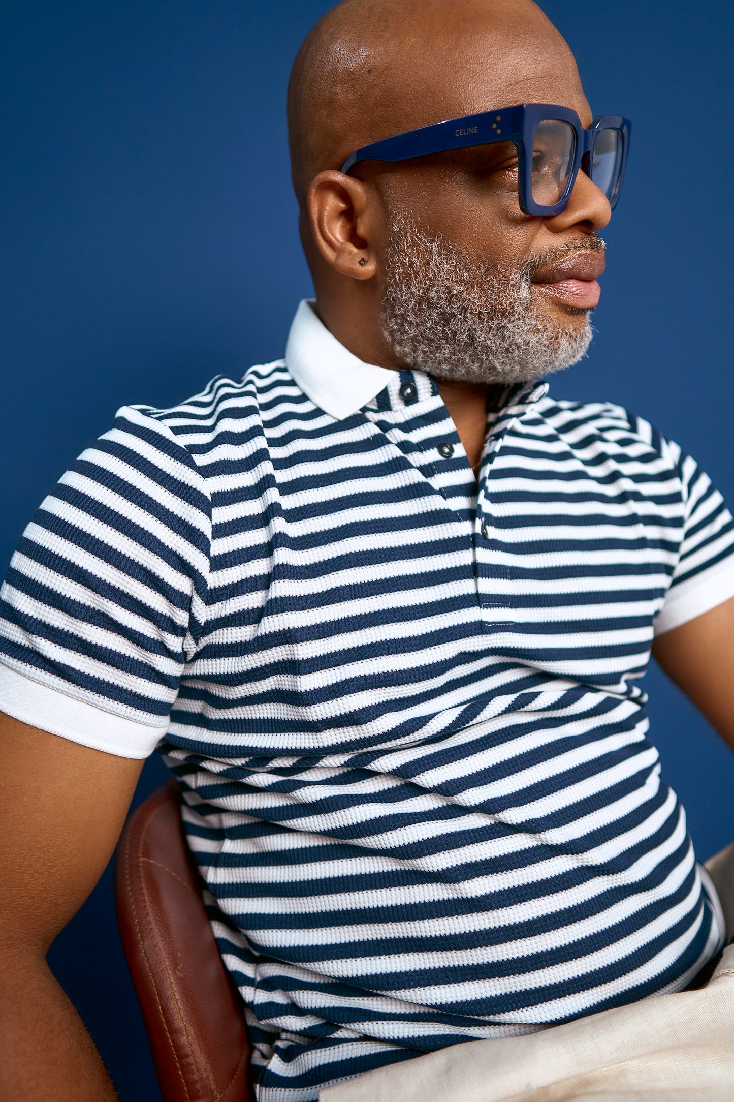 Navy Blue Stripe Knitted Polo with Buttons