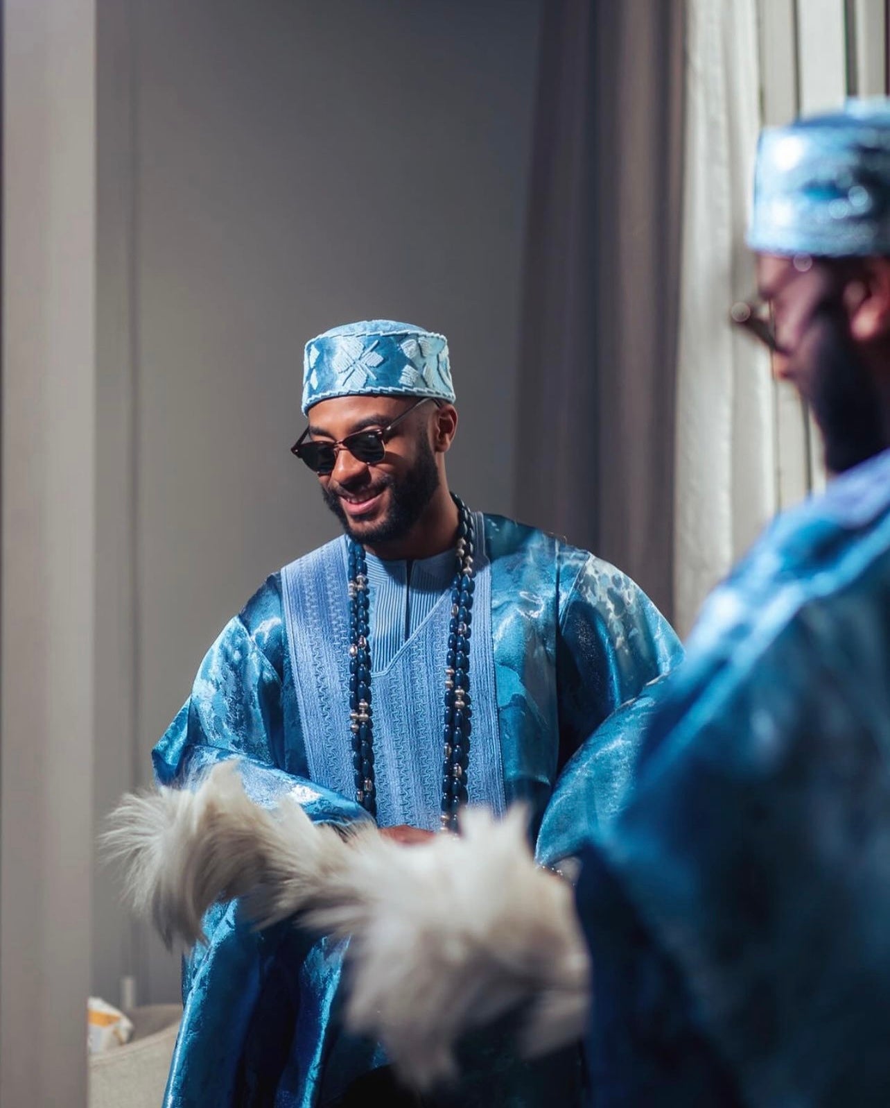Blue liquid organza complete agbada and cap