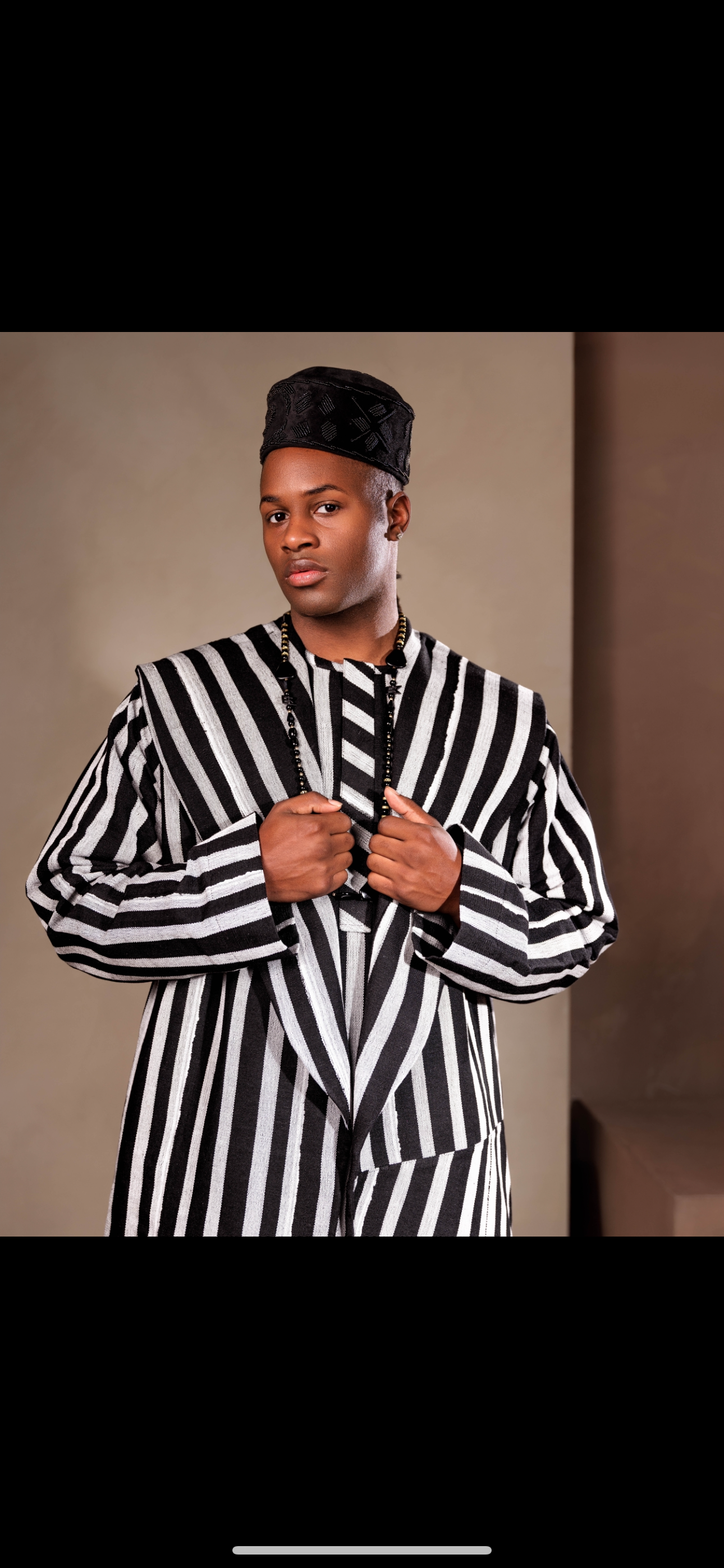 Black and white striped Aso oke lapel Native