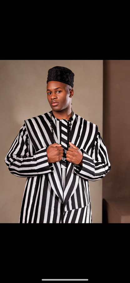 Black and white striped Aso oke lapel Native