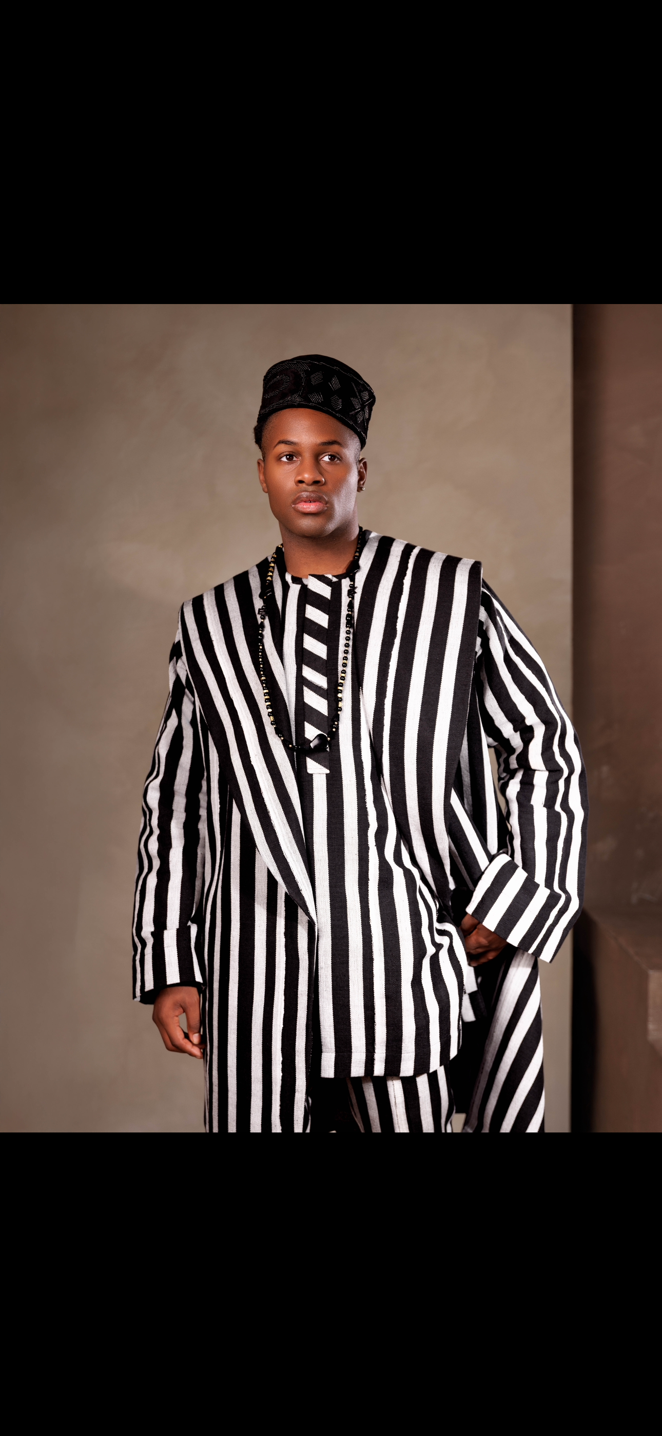 Black and white striped Aso oke lapel Native