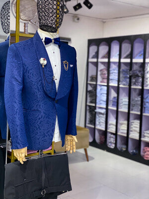Navy Blue Damask Tux with black tux pants
