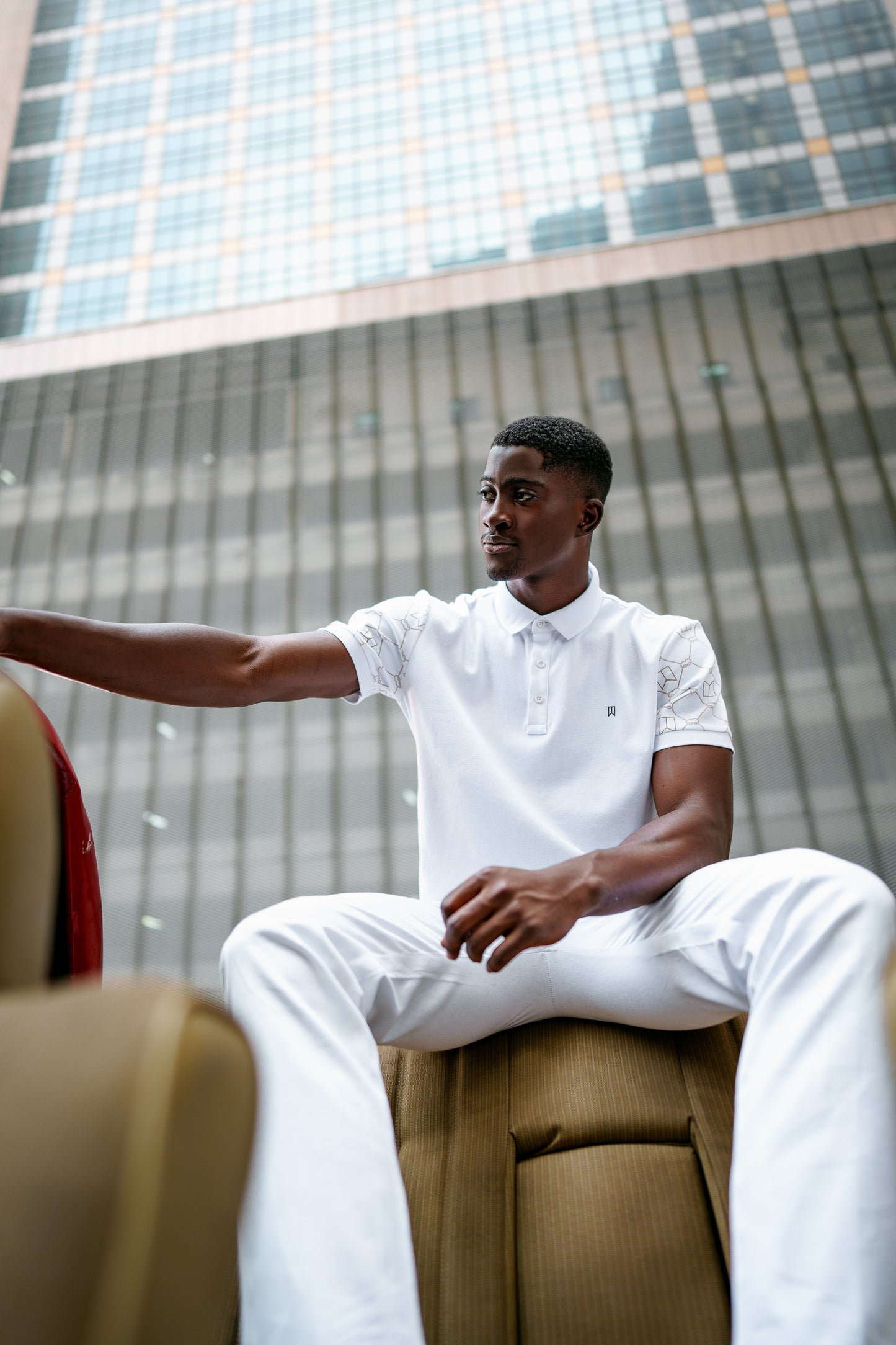 White signature printed sleeve polo