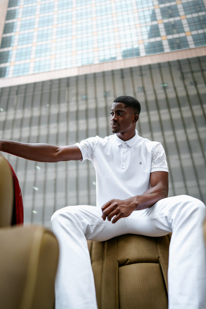White signature printed sleeve polo