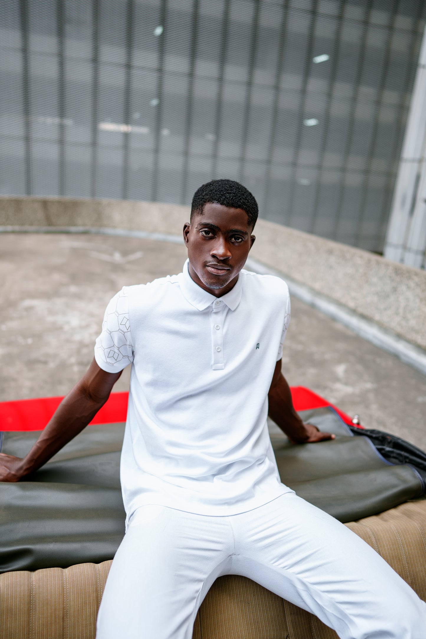 White signature printed sleeve polo