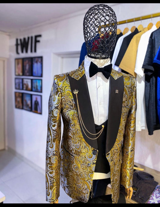 Gold jacquard 3 piece Tuxedo